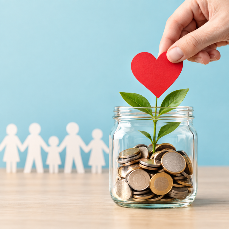 Hand placing a paper heart into a jar of coins with a growing plant, representing charity finance