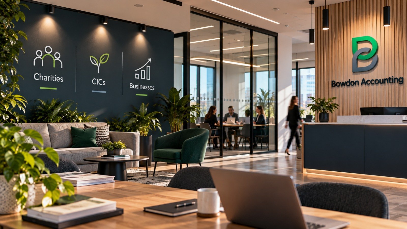 Modern office with Charities, CICs and Businesses signage and the Bowdon Accounting logo